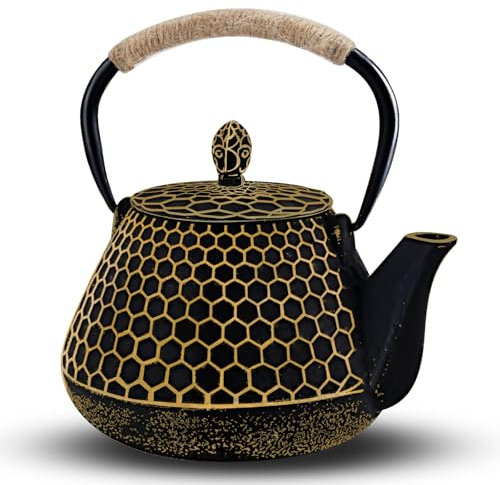 Cast Iron Tea Pot - Honeycomb Pattern Tea Kettle with Tea Leaf Infuser,Stovetop Tea Kettle Coated with Enameled Interior,Suitable for Brewing Loose Leaf Tea (Gold)