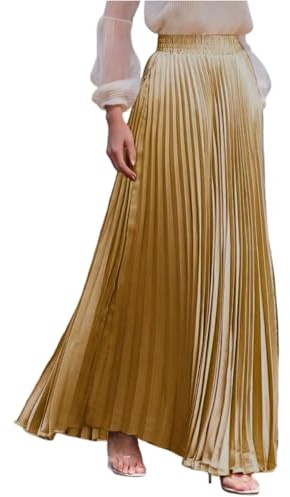 Plisseerock Damen Lang A Linie Satin Rock Damen Elegant Festlich Hochzeit Faltenrock Maxi mit Gummizug Langer Röcke Sommer Plissee Maxirock Skirt Long Sommerrock Leicht und Luftig Damenrock