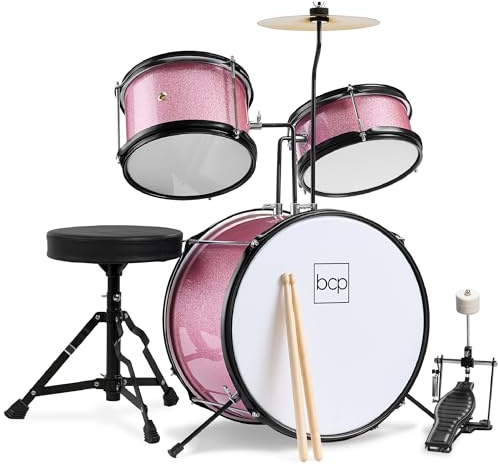 Best Choice Products 3-Piece Beginner Drum Set for Kids Juniors, w/Throne Stool, Cymbal, Drum Sticks, Bass Drum Pedal, 2 Toms - Pink Sparkle