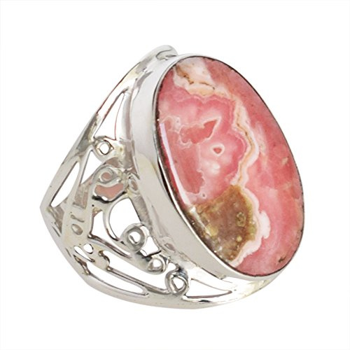 Rhodochrosit Rechteckiger Ring 925 Sterling Silber - Mehrfarbiger Cabochon 24x16 mm Ring mit Natursteinen besetzt - eleganter Schmuck Geschenk für Sie 63 (20.10)