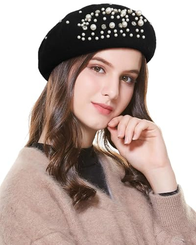 Classic French Wool Beret with Pearl & Rhinestone Embellishments, Beanie Cap Style Hat for Women and Girls (US, Alpha, One Size, Black)