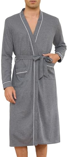 Lovasy Bademantel Waffelpique Herren Langarm Saunamantel Waffelstrick Morgenmantel Lang Loungewear mit Gürtel und Taschen