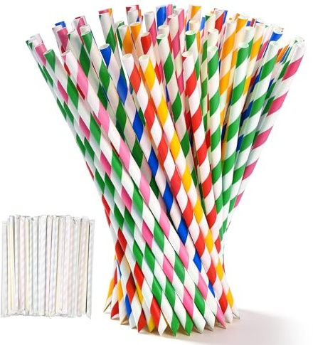 ZSSZD 100 PCS Disposable Paper Drinking Straws, Biodegradable Eco-Friendly Striped Multicolor Straws Individually Wrapped, Long Straw for Smoothie Cocktail Milkshake Coffee Party, 6 * 230MM