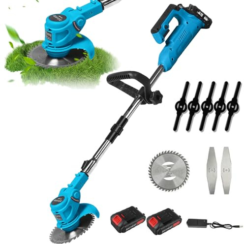 Decespugliatore elettrico portatile con 2 batterie, 800 W e 21 V potente, design a caduta, gambo telescopico (90-120 cm), diametro di taglio 15 cm, caricatore, 8 lame, ideale per giardino, cortile