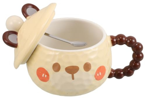 Toyvian Juego de Tazas de Cerámica con Tapa y Cuchara en Forma de Perro, Diseño Adorable para Regalar en Cocina Llevar, Adecuado para Mujeres y Uso Versátil