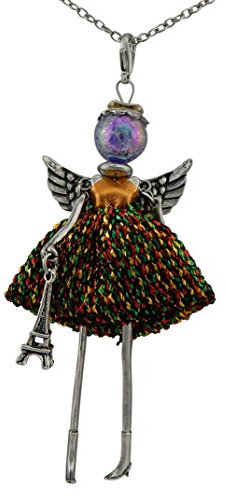 Hanessa Damen-Schmuck silberne Hals-kette mit Puppe mit Engel-Flügel-Anhänger Zinklegierung in Silber mit Eifelturm und bunten Kleid Geschenk zu Weihnachten für die Ehe-Frau/Freundin/Frauen