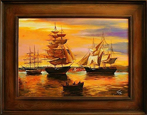 jvmoebel Gemälde Hafen Handarbeit Ölbild Bild Ölbilder Schiffe Rahmen Bilder G15946