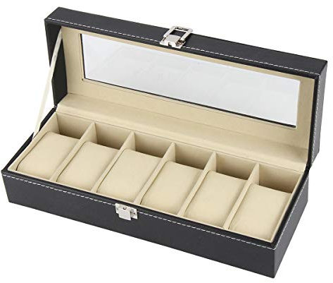 Kitchnexus Schwarz Uhrenbox Vitrinenschrank Uhrenschatulle Schaukasten Uhrenetui Ideal für Haus oder Reise (mit Glasplatte/Samtkissen