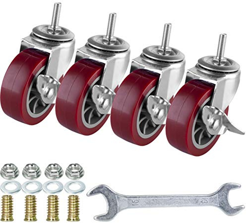 7,6 cm Lenkrollen, 4 Stück, Feststellrollen, strapazierfähig, Gesamtkapazität 150 kg, metrisches M8-1,25 Gewinde, PU-Rollen mit Bremse, Rollen für Teppich, Hartholz, Böden, Werkbank, Bettrahmen