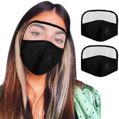 BARSUPPLY 2 Pack Cotton Face Mask Cover with Eye Shield, Breathing Valve, and 4 Filters, Washable, Reusable, Face Cover - Protection from Dust, Pollen, Black