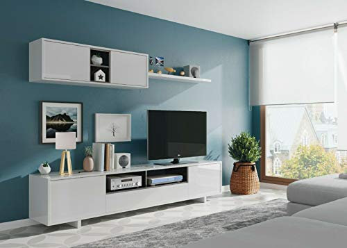Dmora - Système mural Hartford, meuble TV, composition d'ensemble de salon, ensemble de salon avec unité murale, 200x41h46 cm, blanc brillant
