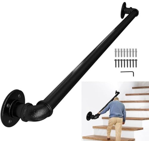 Lechansen Pasamanos De Escalera Para Interior Exterior, 100cm Barandilla Acero Inoxidable Industrial RúStico Negro Antideslizante De Pared De Hierro Forjado Pasamanos Barandilla De Pie De Escalera