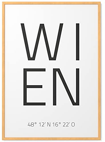 Papierschmiede® Geo Poster Koordinaten Wien, A4 Gerahmt im Natur-Holzrahmen, Stadt Bild als Wanddeko für Wohnzimmer Schlafzimmer Küche Esszimmer, Hauptstadt Österreich