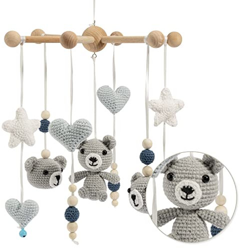 Minime Baby Mobile für Babybett Wickeltisch, Windspiel, Hängende Bettglocke, Babyzimmer, Teddy, Schildkröte, Bio-Baumwolle, Gehäkelt, Holz - Babyausstattung für Mädchen und Jungen (Blau)