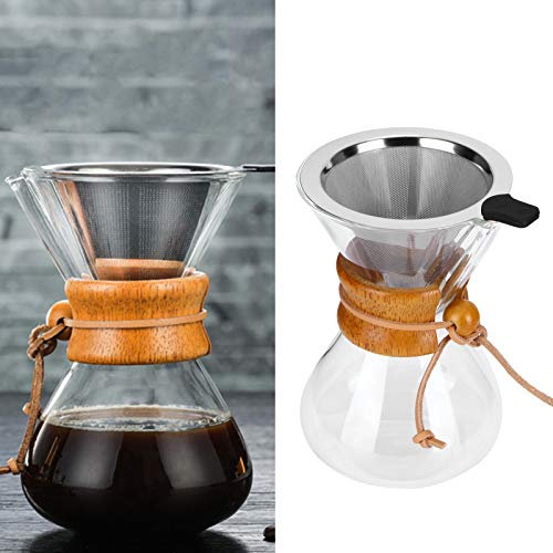 Pour Over - Cafetera de goteo de cristal resistente a altas temperaturas con filtro de acero inoxidable, jarra de cristal (400 ml)