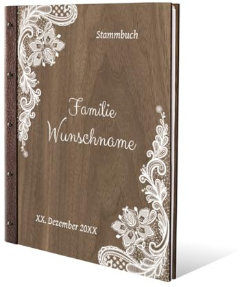 Familien Stammbuch individuell Nussbaum Holz Cover mit UV-Druck mit Echtleder Rücken mit vorgedruckten Innenseiten DIN A4 hoch - Rustikal