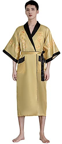 EXPOING Bademantel für Herren, Drachen, bestickt, Seide, Satin, Yukata, Kimono, Bademantel, Nachtkleid
