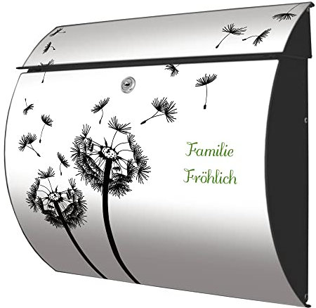 banjado® Burgwächter® Briefkasten anthrazit aus Stahl mit Motiv Pusteblume 2 / Briefkasten mit Namen personalisierbar/Briefkasten ohne Zeitungsfach mit Kippdach & Öffnungsstopp, 2 Schlüssel