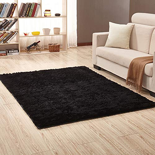 Jyswx Shaggy Teppich Wohnzimmer - Hochflor Flauschig Teppiche Waschbar - Moderne Langflor Teppich für Wohnzimmer, Schlafzimmer, Korridor, Schlafsaal, Größe:100 x 160 cm, Farbe: Schwarz