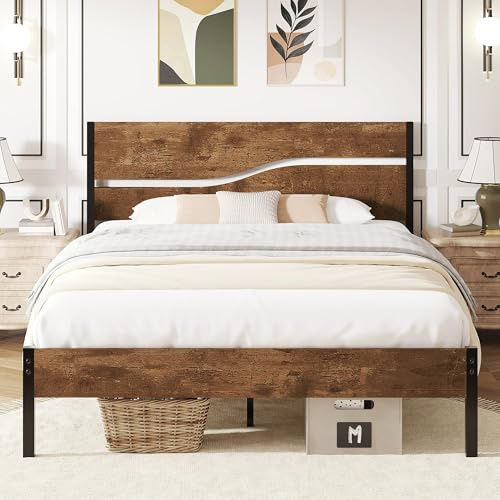 VECELO Bettgestell 140 x 200 cm, Metallbett mit Doppelschicht Holzkopfteil und Lattenrost, Modern Gästebett Jugendbett mit Stauraum Unter Dem Bett, Perfekt für Schlafzimmer, Braun