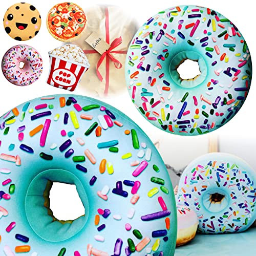 FUN KISSEN | Donut XXL 45cm, Pop Corn, Pizza, Cookie Kissen mit GRATIS Geschenk Verpackt, sicheres OEKO TEX Kinderkissen Material, Kopfkissen für Kinder, dekoratives & lustiges Kissen (Donut XXL Blau)