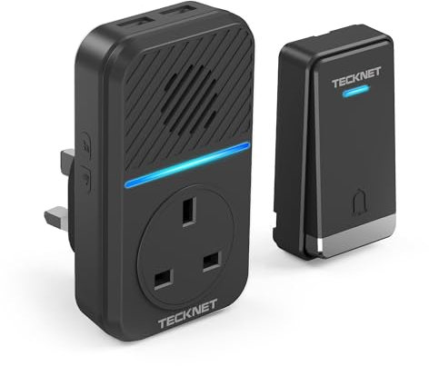 TECKNET Plug Through Wireless Doorbell with AC/USB Sockets, IP65 Waterproof Self-Powered Cordless Door Bells, 400M Range Plug in Door Bell Kits,60 Chimes,5-Level Volume&LED Light Flash