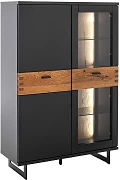 Lomadox Highboard mit 2 Türen inkl. LED Beleuchtung, Schwarzgrau lackiert mit Wildeiche massiv geölt, B/H/T ca. 90/134/37 cm