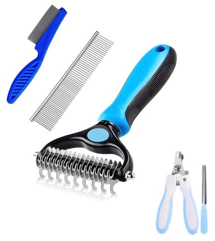 Peine pelador de pelo para perro, kit de peine de aseo para mascotas, rastrillo de doble cara, peines de acero inoxidable, cortaúñas para perros y gatos