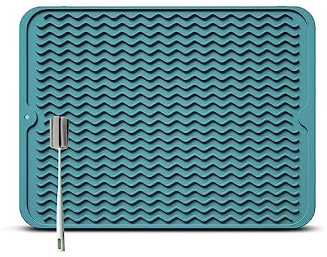 Silikon Abtropfmatte für Geschirr - 40 x 30 cm Abtropfmatte für Geschir, BPA-frei, Geschirr Trockenmatte, Hitzebeständig, Rutschfest, Spülmatte Abtropfunterlage mit Bürste (Blau, 50 x 40 cm)