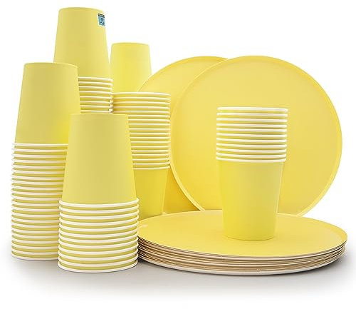 Wellsamed WELLSACUP 100 Stück Pappbecher 180 ml mit Teller, Gelb, geeignet für Heiß- und Kaltgetränke, Coffee to Go, Business, Veranstaltungen, Party