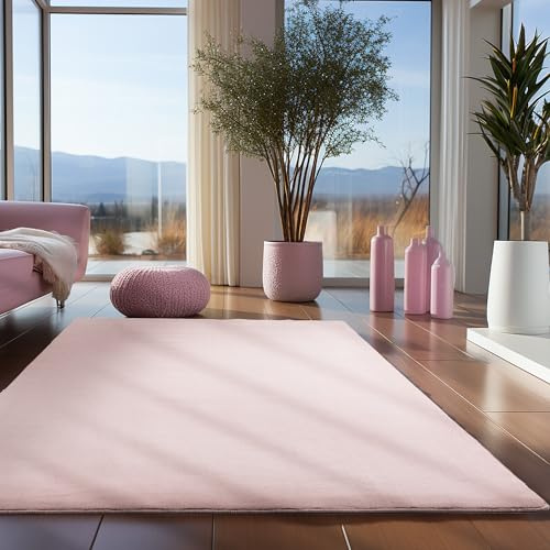 Teppium Waschbarer Teppich Wohnzimmer, Kurzflor rutschfest Flauschig Weich, Einfarbig Rosa, Felloptik, Super Soft, Grösse 80 x 250 cm