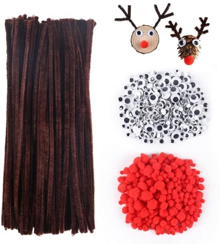 SCLLNDA 830 Stück Pfeifenreiniger Braun zum Basteln Set 150 PCS Pfeifenputzer Chenilledraht,360 PCS Wackelaugen Selbstklebend Googly Eyes,320 PCS Rot Pompons zum Basteln für Kinder Weihnachten DIY