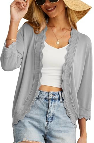 GRECERELLE Womens Summer Cardigan Lightweight Soft Casual Cropped Knit Shrugs Jumper Womens Tops for Dress Summer Evening Wedding (Light Grey, L)