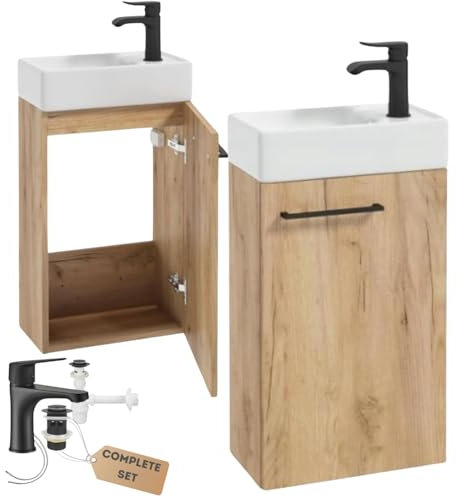 .Deftrans Domodomo Badezimmerschrank mit Waschbecken, Waschbeckenschrank 40 x 68 x 21,3 cm, Keramik-Waschbecken-Set, Wanddschrank für kleines Bad (Eiche + Waschtischarmatur Schwarz)