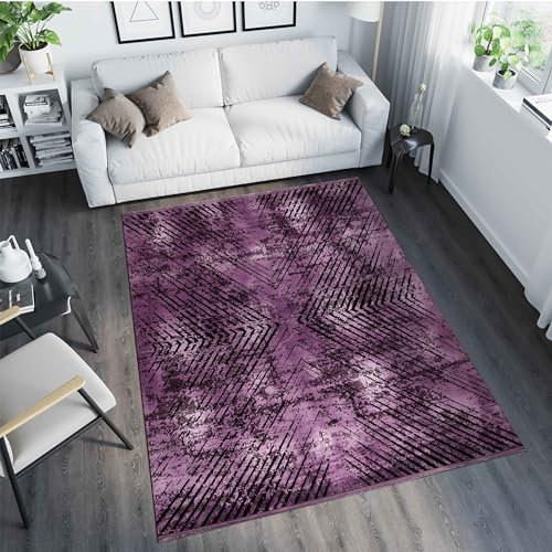 Vintage Design Teppich Kurzflor Deko Wohnzimmer Esszimmer Schlafzimmer Flur Küchenteppich Weich & Flauschig Pflegeleicht Flauschiger Rechteckig Teppich Farbe: Violett, Grösse: 120 x 170 cm