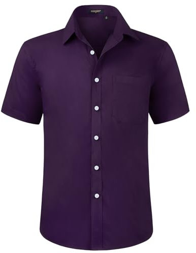 HISDERN Chemise Violet à Manches Courtes pour Hommes Chemise d'été décontractée Coupe régulière Boutonnée Chemise habillée Formelle avec Poche Poitrine,XL