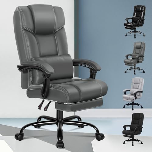 ALFORDSON Ergonomischer Bürostuhl, Computer-Schreibtischstuhl mit Fußstütze, Netzstuhl mit hoher Rückenlehne, Drehstuhl mit 150°-Neigung, PU-Leder, Grau