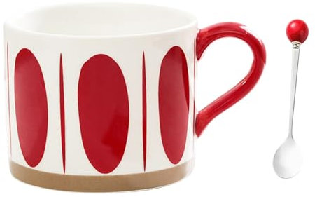 BIIGMING Grande Tasse à Café en Céramique Couleur Rouge 450ml avec cuillère Mignnone Tasse à Thé Vintage Grande Poignée Passe au Micro-ondes et Lave-vaisselle Cadeau pour Familles,Amis(5)