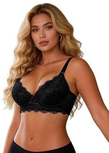 ohmydear Women's Lace Underwired Bras Padded Comfort T-Shirt Bra Plus Size | Breathable Floral Lace, Full Coverage, Lightly Padded Thin Cups For Natural Shape, 34B-44E, Perfect Everyday Uk Ladies Bra