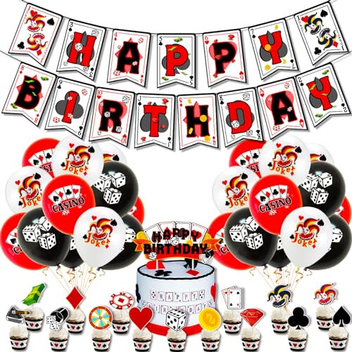 MORAINJAY 38-teilige Dekorationen für Casino-Geburtstagspartys, Vegas-Party-Pakete mit Casino-Ballons, Bannern, Tortenaufsätzen für Partyzubehör zum Thema Poker-Geburtstag