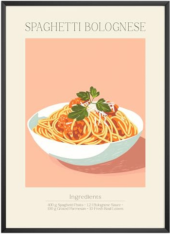 MJ-GRAPHICS - Poster Spaghetti - Bild mit Speisen Rezept & Zutaten - Wandbild Din A2 in Galerie Qualität mit extra dickem 300g Posterpapier - Retro Poster FineArt Kunstdruck ohne Bilderrahmen