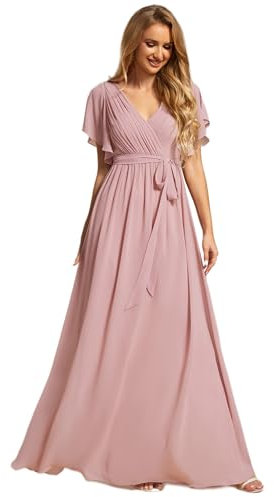 Ever-Pretty Robe pour Mariage Invité Longue Femme Col V Mousseline A Line Manches Courtes Plissé Chic Rose Poussiéreuse 44