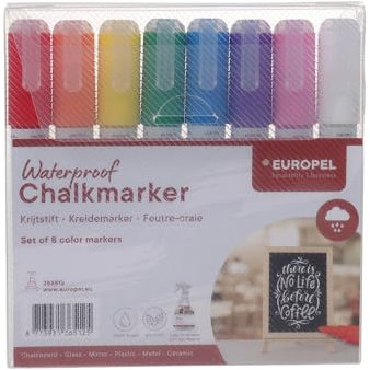 Europel Water-Resistant Chalk Marker, 6 mm Tip - Set of 8 Multicolored Markers for Indoor and Outdoor Messages - Blackboards, Slates, Signs, Windows