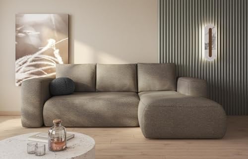 MODERNO Ecksofa mit Schlaffunktion und Bettkasten LAMBI - Sofa mit 3 Sitzen und Robusten Überzug - Schlafcouch L-Form - Modern Couch 266x164x89 cm - Ecke Rechts Grau Beige