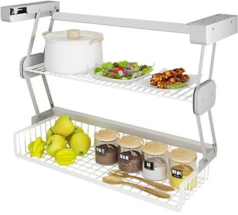 YUEKOPOU Pull Down Wall Cabinet Storage Organizer, Kitchen Cabinet 2 Tier Pull-Out Cabinet Organizer, Lifting and Folding Basket Holds Seasoning Jars, Bottles, Shakers