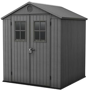 Keter Darwin 6x6 Gerätehaus in Grau – Wartungsfrei, Wetterfest mit Holzoptik, 3,4 m², Abschließbare Doppeltür & Bodenplatte