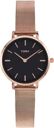 TORII Damenuhr Schwarz Edelstahl - rund Quarz R28RS.BR Milanaise-Armband Strichindizes wasserdicht 50 m