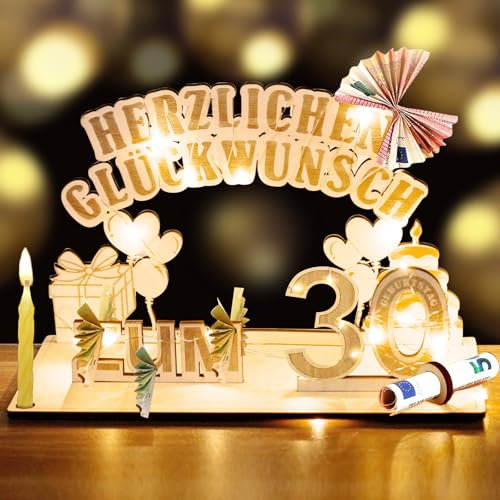 30. Geburtstag Frau Mann, Geldgeschenke Holz mit LED Lichterkette, Geschenk zum 30 Geburtstag Mann Frau, Geschenkideen zum 30, Herzlichen Glückwunsch