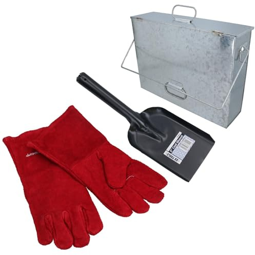 Fire Fireside Ash Carrier Container Box Complete with Shovel/Scoop + Gloves