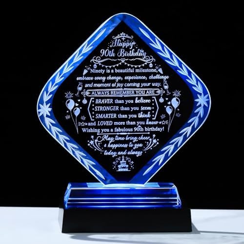 Movdyka Crystal 90th Birthday Gifts for Women Men with LED Light Base Happy 90th Birthday Presents Ideas for Grandma Sisters 90 Years Old Keepsake Decor Ornaments